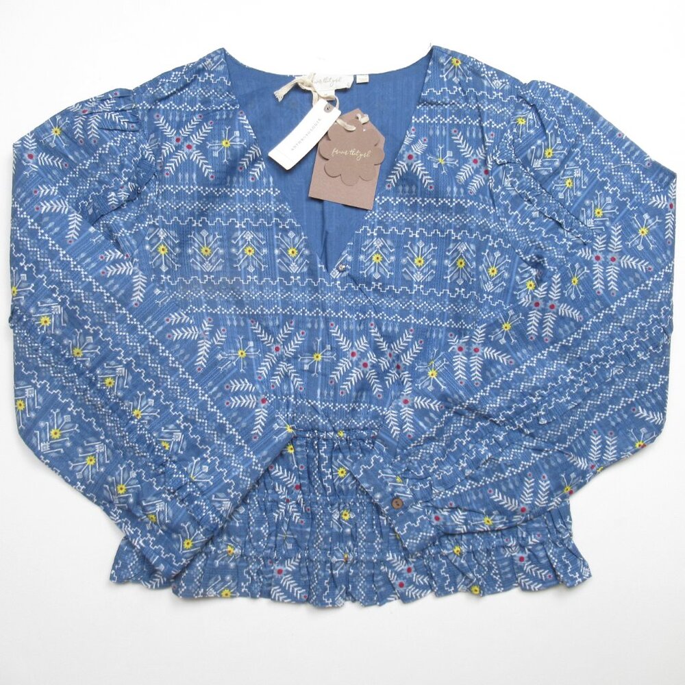 Anthropologie Forever That Girl Embroidered Smocked Blouse Blue Medium